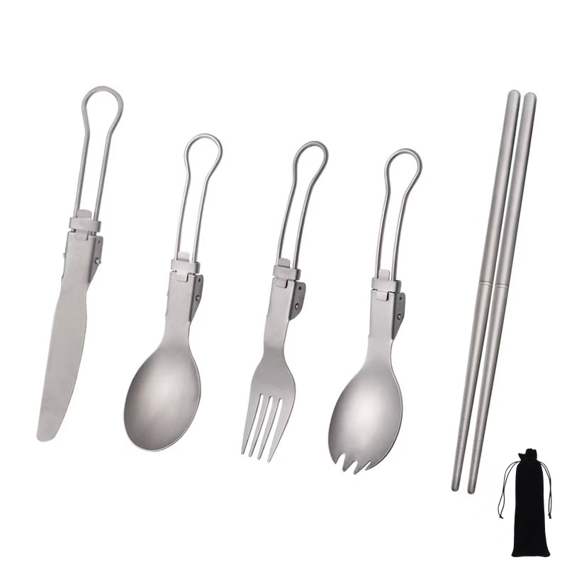 Camping Cooking Survival - Conjunto de Utensílios de Titânio Dobrável